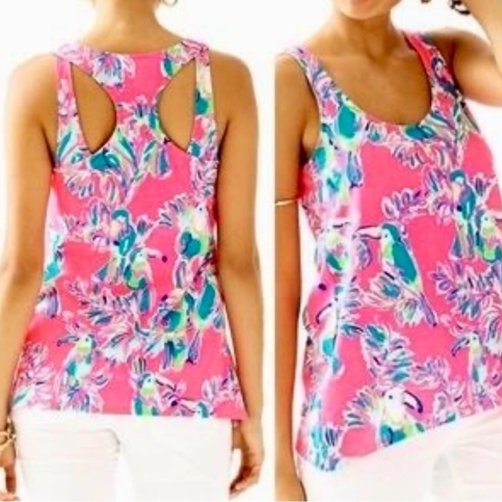 🦩🌴Lilly Pulitzer Monterey~Toucan Dragon Fruit Tropical hot Pink Tank Top EUC🌴🦩
